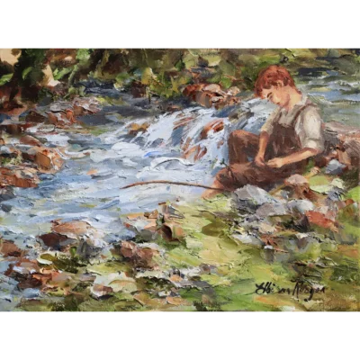 Elbe van Rooyen painting of a boy sitting next to the river busy fishing