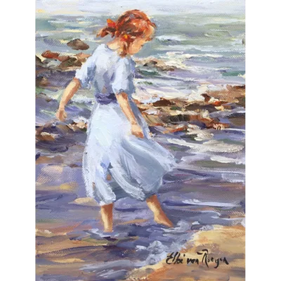 Elbe van Rooyen painting of a girl playing at the seaside