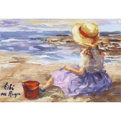 Elbe van Rooyen painting of a girl sitting at the seaside