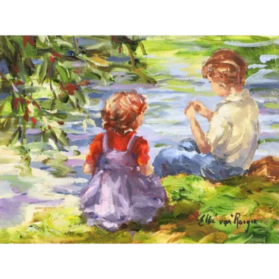 Elbie van Rooyen painting of two children sitting at the riverbank