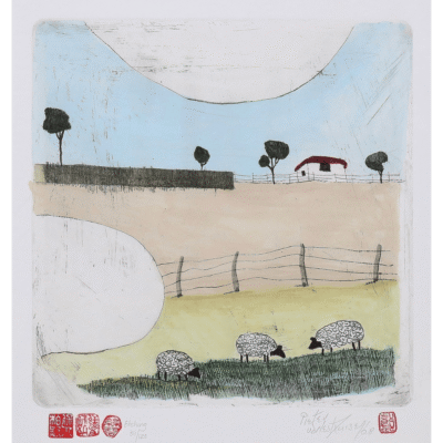 Pieter van der Westhuizen etching of three sheep