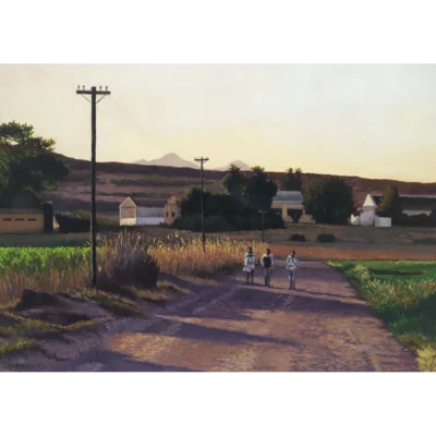 Arend Louw painting of three children wallking on a farm
