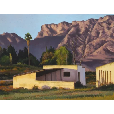 Arend Louw painting of a farm shed