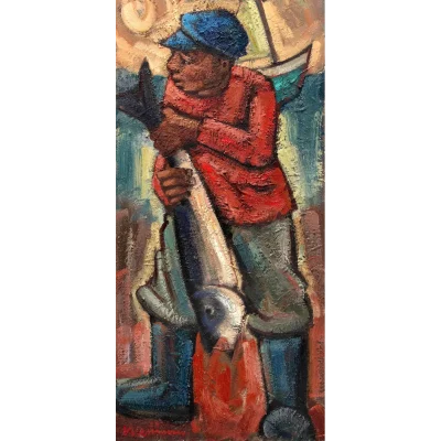 Hennie Niemann painting of a man holding a big fish