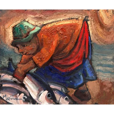 Hennie Niemann painting of a woman picking up fish