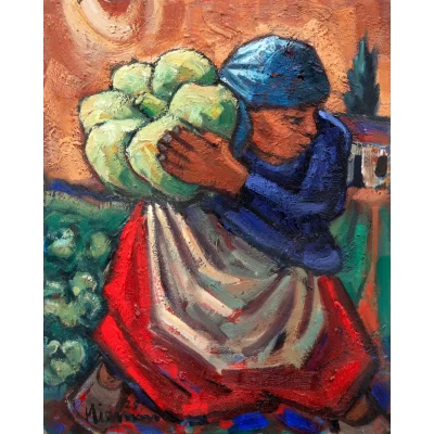Hennie Niemann painting of a woman busy harvesting pumpkins