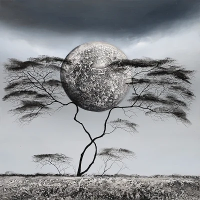 Mia Brand painting of a moonscape with a Thorn Tree