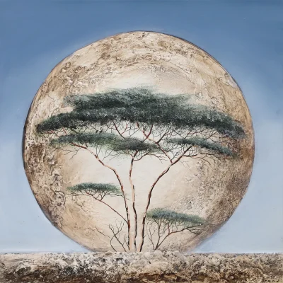 Mia Brand painting of a moonscape with a Thorn Tree