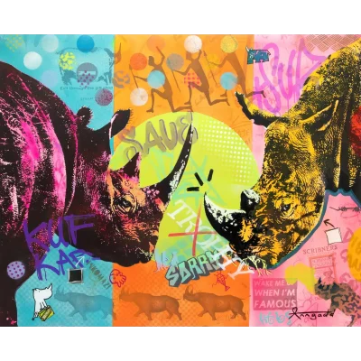 Ann Gadd painting of two rhinos
