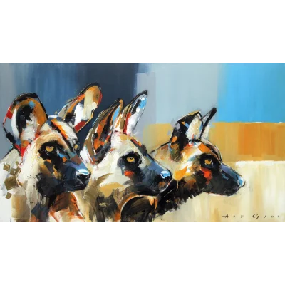 Anthony Gadd painting of three wild dogs