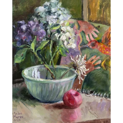 Aviva Maree painting of flowers in a bowl and an apple
