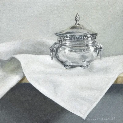 Diane McLean painting of a silver sugar bowl on linen