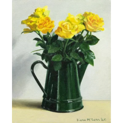 Diane McLean painting of yellow roses in a green jug