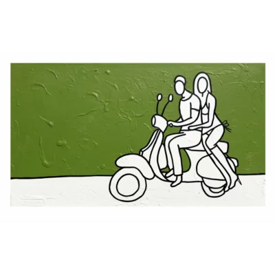Richard Scott painting of a couple on a vespa