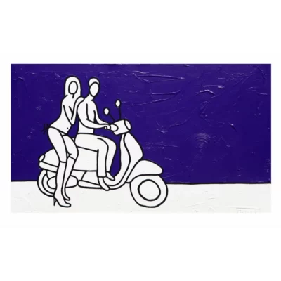 Richard Scott painting of a couple on a vespa