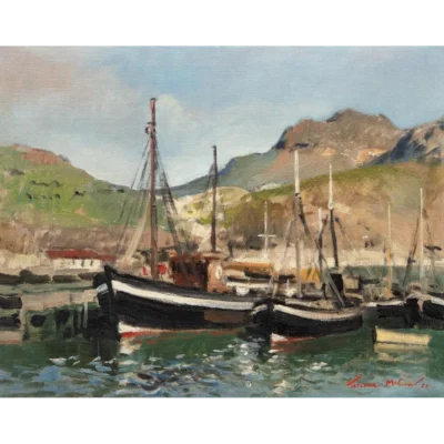Terence McCaw painting of fishing boats lying in the harbour