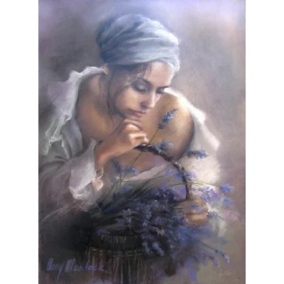 Anny Maddock painting of woman with a basket of lavender