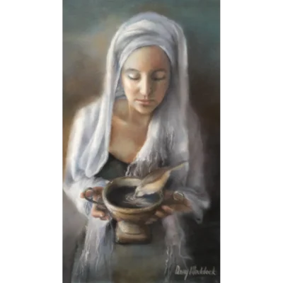 Anny Maddock painting of a woman holding a birdbath
