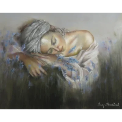 Anny Maddock painting of a woman laying in lavender